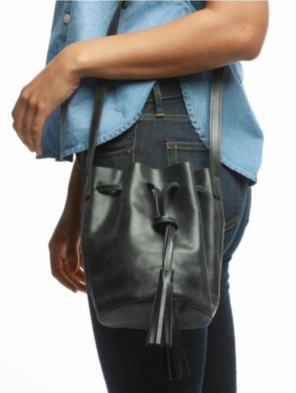 Able Black Leather Bucket Bag – Tassel Crossbody.